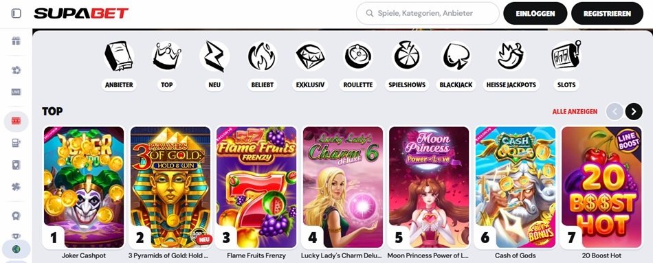 Supabet Casino homepage screenshot.
